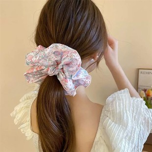 高颜值粉色玫瑰碎花大肠圈方巾发圈甜美少女低马尾皮筋头绳发饰女