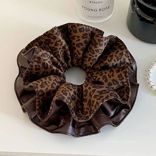 韩系高级咖色豹纹皮质发圈超大复古丸子大肠头绳发饰百搭秋冬新款