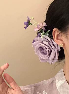 浅梦花名新中式紫色花朵侧边发夹