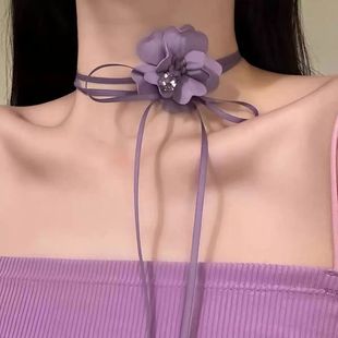 韩系2025新款 轻奢唯美氛围感紫色花朵项链度假风系带choker配饰女