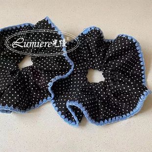 韩系蓝色毛线小众花边波点黑波点大肠发圈女新款 高级头绳马尾丸子
