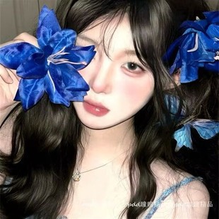 2025新款 复古洋气蓝色百合花朵发夹簪花头饰写真拍照边夹发卡发饰