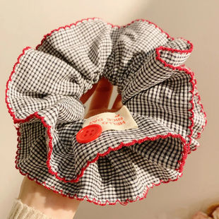 双层精致黑色格子发圈大肠高级韩系感扎丸子慵懒马尾超大头绳发饰
