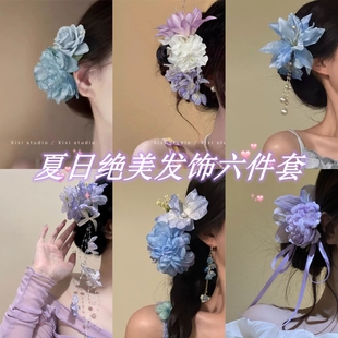 2025超仙新款 高级发饰夹百搭 花朵百合花氛围温柔气质鲨鱼春季