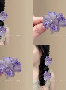 紫色发饰紫色抓夹古风超仙淡雅山茶花发卡海边拍照甜美半扎发饰女