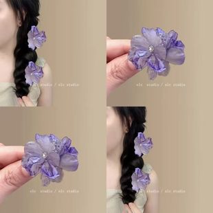紫色发饰紫色抓夹古风超仙淡雅山茶花发卡海边拍照甜美半扎发饰女
