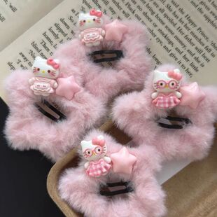 秋冬猫咪星星kt毛茸茸甜美发夹可爱少女毛绒刘海BB发卡五角星发饰