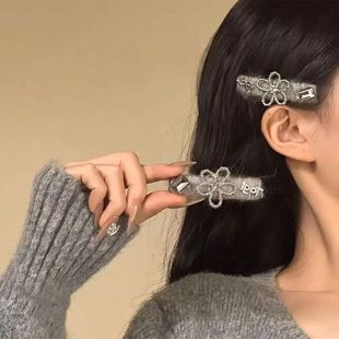 轻奢ns风半岛梨泰院甜酷银灰色花朵少女发夹侧边刘海发饰发卡女
