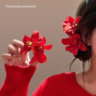 新中式 红色仿真花朵发夹美人纯欲鸭嘴夹女氛围感侧边刘海夹子头饰