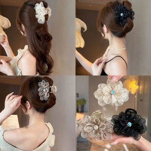 轻奢韩系半扎2025新款 气质花朵发夹丸子头抓夹女满天星水钻小香风