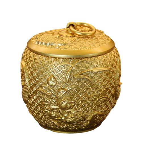 纯黄铜锦鲤茶叶罐储物罐高档铜罐带盖防潮密封罐烟灰缸工艺品摆件