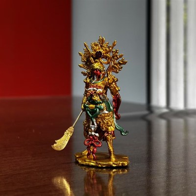 崇宁真君铁佛寺关公造像纯铜实心釉彩手绘车载办公室案头小摆件