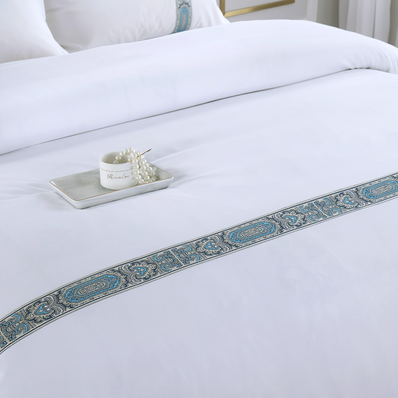 宾馆酒店床上用品布草纯白色床单被套四件套织带旅馆民宿风三件套