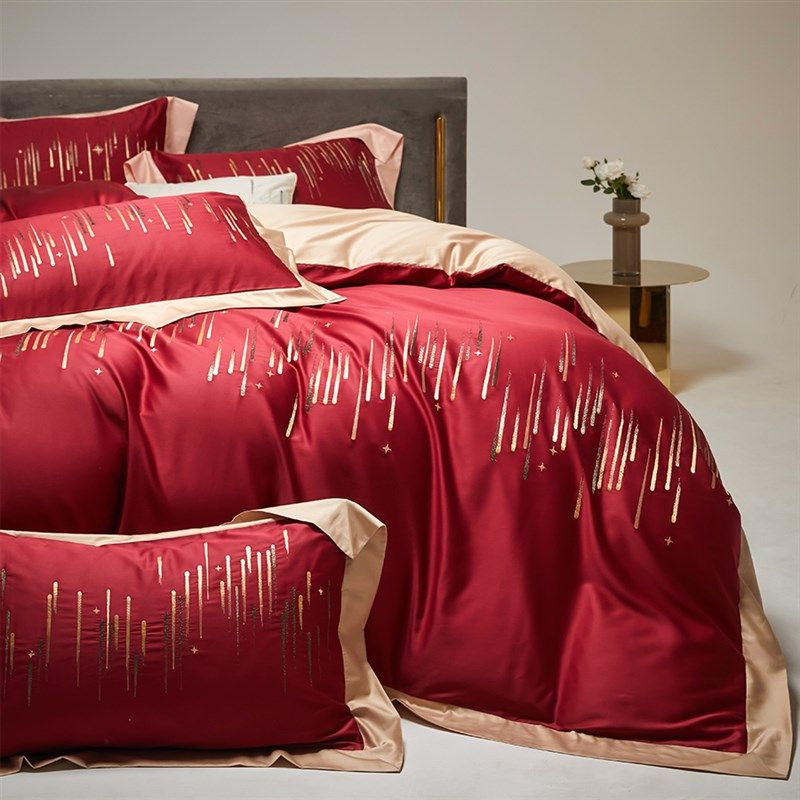 流行雨刺绣新婚庆四件套全棉50S双股红色结婚被套床单1.8床上用品