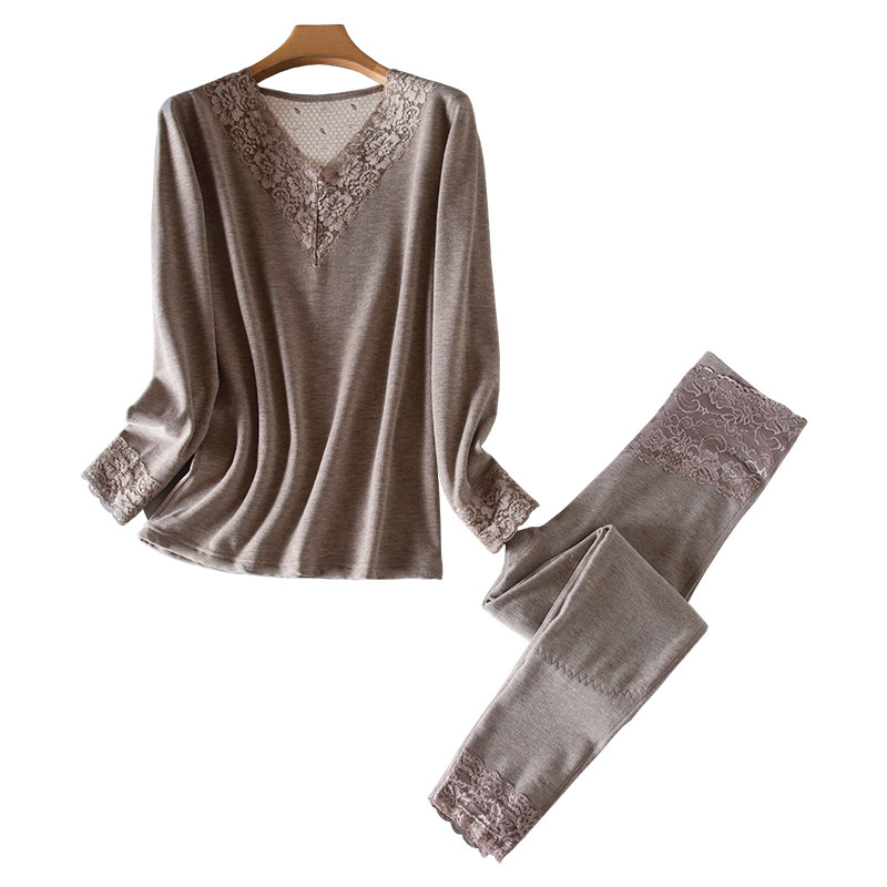 新款女士蕾丝花边保暖内衣加厚加绒秋衣秋裤大码V领线衣线裤套装