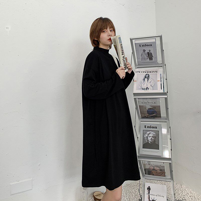 2024春秋新款半高领t恤女长袖洋气大版宽松显瘦中长款打底衫T