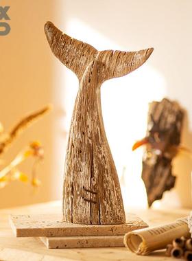 YBOX实木覆古诧寂风手工鱼尾巴摆件民宿样板房装饰鲸鱼尾巴工艺礼