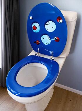 马桶盖家用通用加厚缓降坐便器盖板老式欧式UOV型马桶圈蓝色飘虫