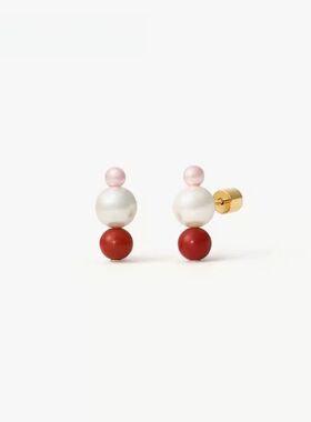 三色大小拼接新款珍珠耳钉红色耳饰轻奢时尚百搭小众灵动设计女款