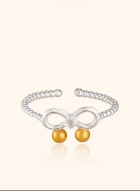 创意蝴蝶结开口戒指女银色金珠子装饰可调节指环简约精致复古百搭