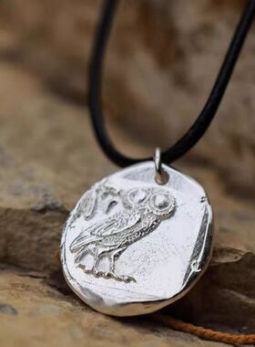 智慧女神雅典娜猫头鹰银币皮绳项链银色项链硬币小众气质吊坠项链