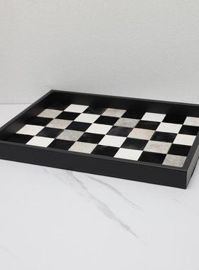 北欧轻奢黑白格马毛托盘摆件样板间家居客厅桌面长方形收纳装饰品