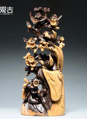 黑檀木喜上眉梢根雕梅花雕刻摆件红木家居装饰工艺品开业乔迁送礼