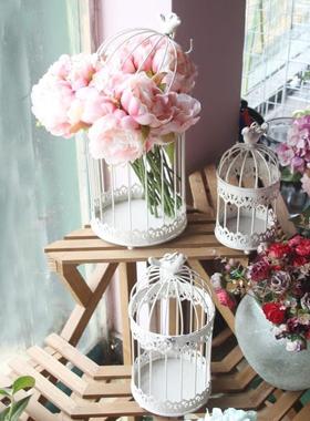 铁艺套三鸟笼米色大小号可挂小鸟铁笼烤漆花盆婚庆装饰可插花多肉