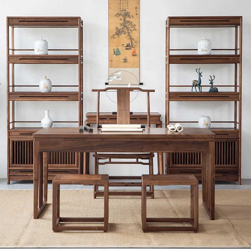 新中式办公桌明式老板桌老榆木书房带抽屉书法桌文人胡桃木色书桌