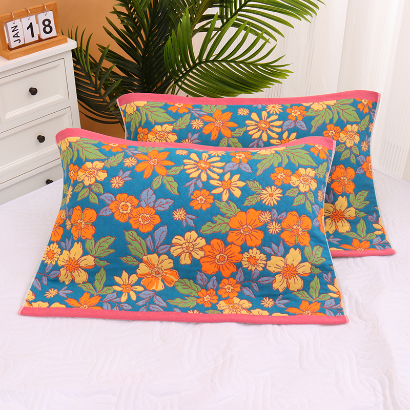 花海纱布加厚大枕巾一对装吸汗透气成人男女情侣学生枕头盖巾