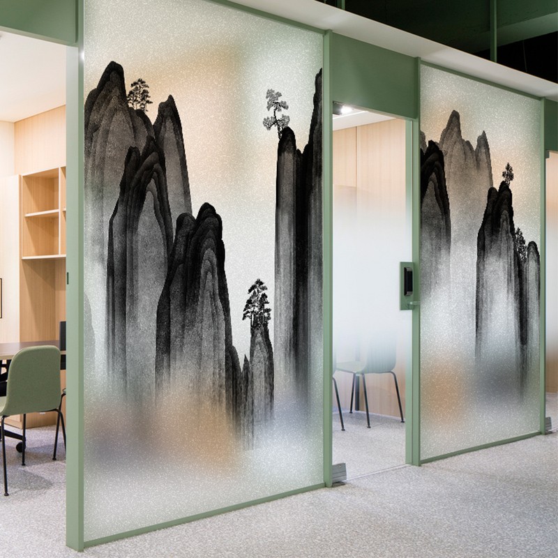 新中式中国风山水画艺术窗户静电磨砂隔断装饰防走光玻璃贴纸贴膜图片
