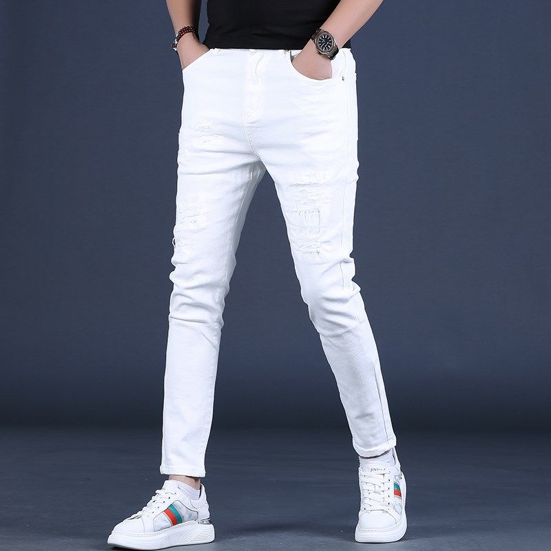 夏季薄款男士破洞白色9分牛仔裤男韩版修身裤弹力九分裤休闲男裤