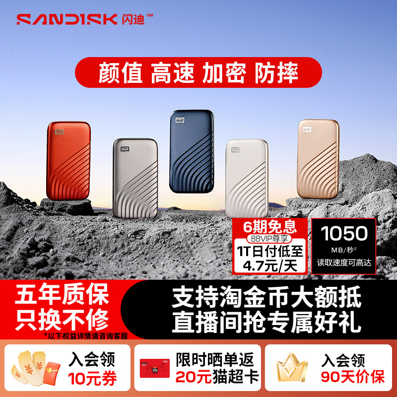 WD西部数据移动固态硬盘1tb外置2t手机电脑加密高速闪迪移动硬盘