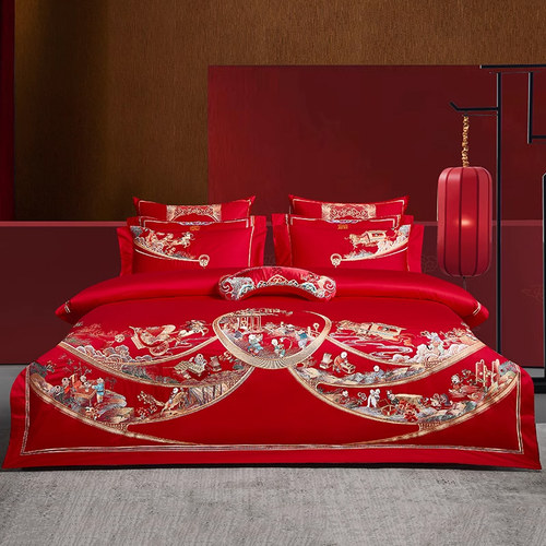 高档婚庆结婚四件套大红色百子图纯棉全棉刺绣被套床上用品十件套