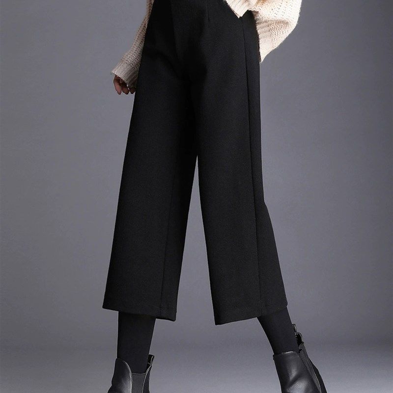小个子毛呢七分裤女秋冬新款大码八分裤阔腿裤黑色宽松显瘦直筒裤