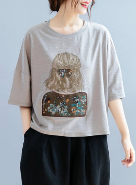 清濯米灰色竹节棉背影图案宽松圆领T恤女文艺落肩五分袖遮肉短款