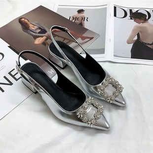 女尖头单鞋 银色水钻后空粗跟高跟鞋 百搭软皮包头凉鞋 新款 2025夏季
