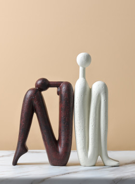 现代北欧侘寂风背靠背火柴人雕塑陶瓷工艺品摆件家居样板房装饰品