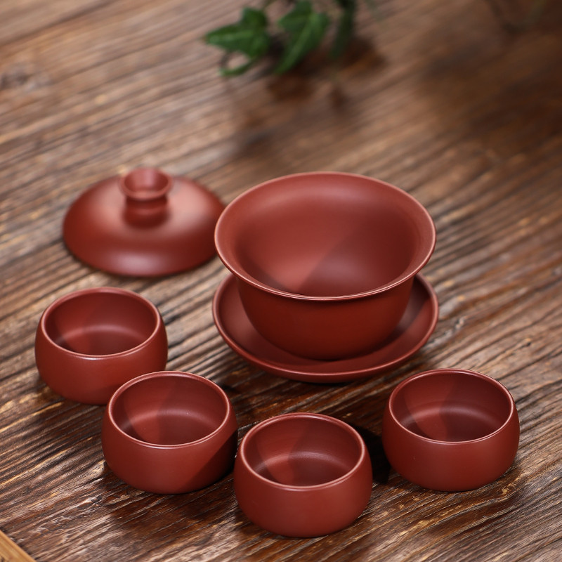 宜兴紫砂盖碗泡茶纯手工功夫茶具中式茶杯原矿大红袍三才紫砂盖碗
