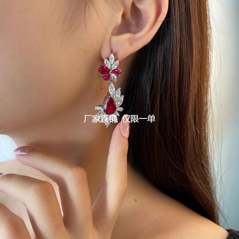 欧美高级复古红宝石耳环女18k白金耳钉冷淡风纯银蓝宝石长款耳坠