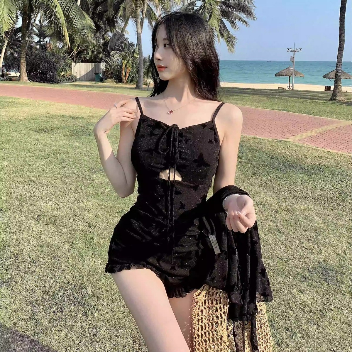 女款泳衣黑色性感蕾丝显瘦长袖带罩衫绝美高级感纯欲泡温泉泳装