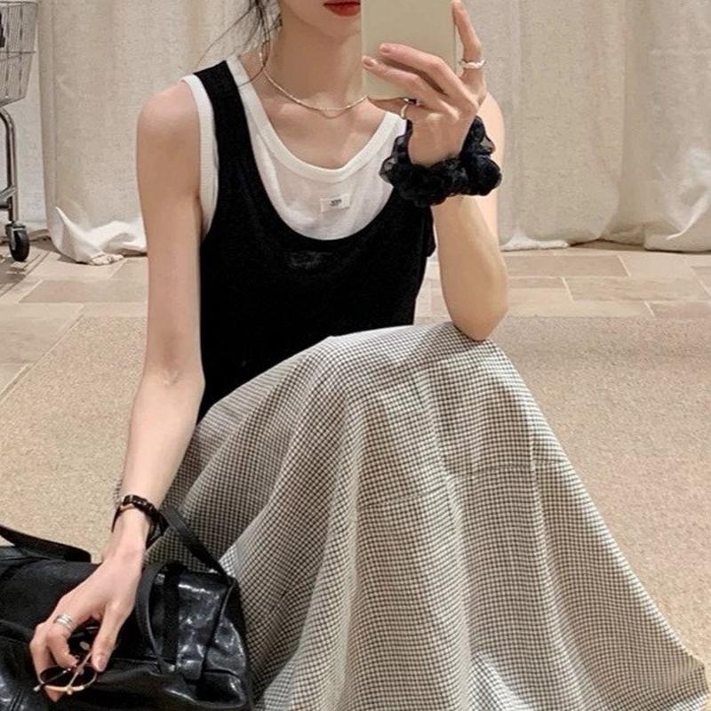 韩系甜美木耳边V领针织开衫虞书欣同款黑色假两件吊带背心