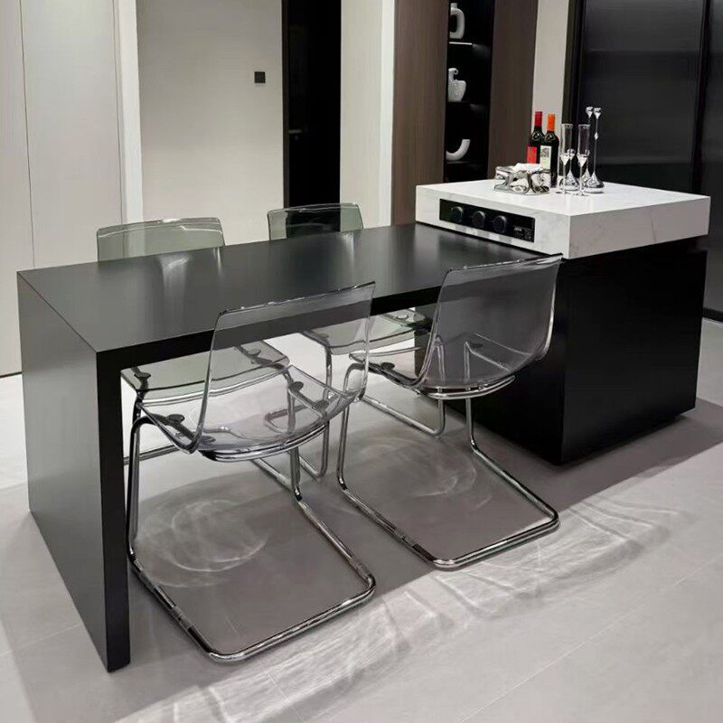 黑白岩板岛台餐桌一体伸缩定制厨房倒台极简家用导台现代简约吧台