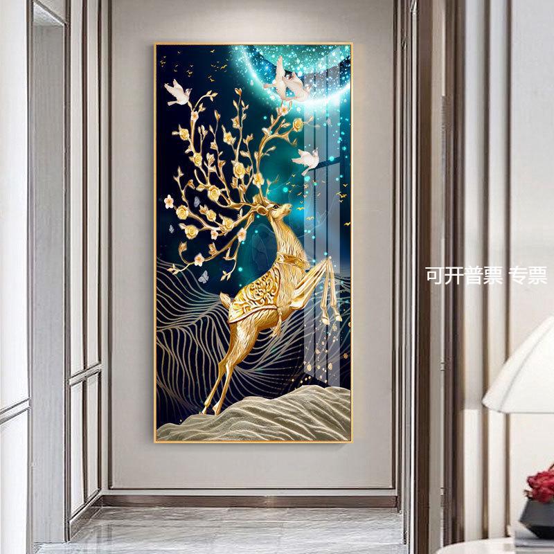 入户玄关装饰画过道走廊竖版现代简约麋鹿客厅美式晶瓷镶钻墙壁画图片