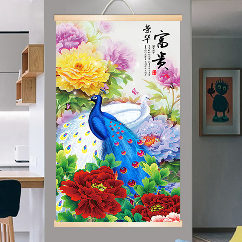 新中式挂画布艺无框画客厅入户玄关装饰画竖版中国风壁画孔雀墙画图片