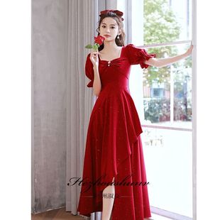 大码新娘酒红色平时可穿订婚裙结婚回门服便装高级感胖mm夏