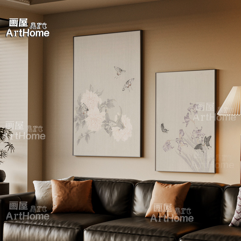 中古风装饰画花蝴蝶客厅壁画玄关复古挂画过道卧室床头画三联挂画图片