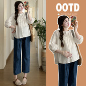 孕妇春夏季 春秋托腹小个子两件套 宽松娃娃衫 洋气显瘦衬衫 韩版