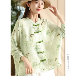 印花丝麻衬衫女文艺新中式盘扣衬衣开衫气质薄款外搭