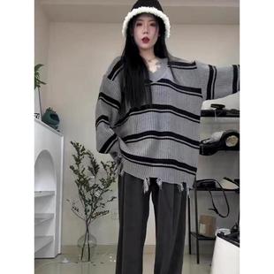 宽松休闲慵懒风V领流苏套头毛衣女24年秋冬新款中长款条纹衫